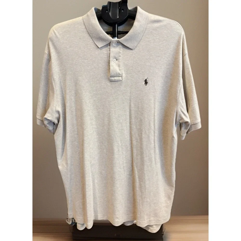 Polo Ralph Lauren Mens XL Beige Heather Polo Shirt Brown Pony Relaxed Preppy